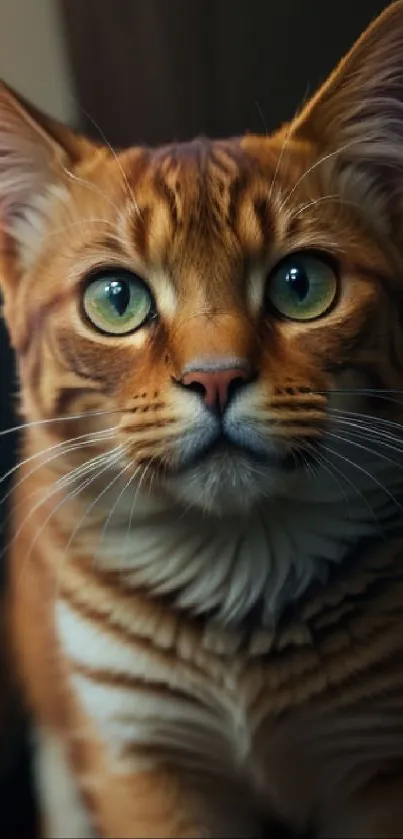 Bengal cat with vibrant eyes and detailed fur on a mobile wallpaper.