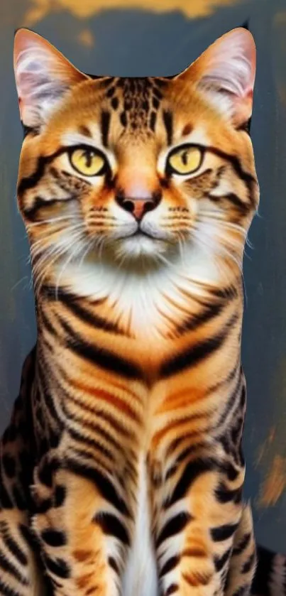 Majestic Bengal cat with orange stripes and black accents on a colorful background