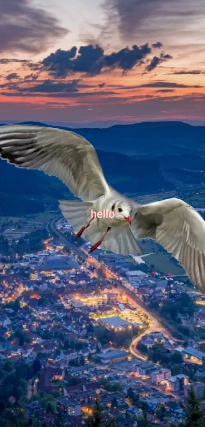 Bird flying over scenic cityscape at sunset.