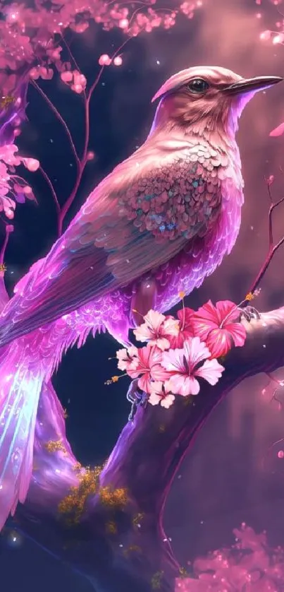 Majestic bird with pink feathers on cherry blossom branch.