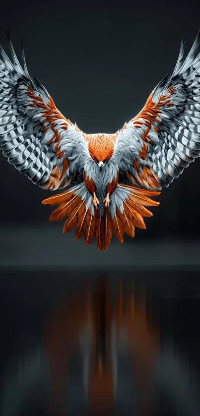 Abstract bird with vibrant wings in flight on dark background.