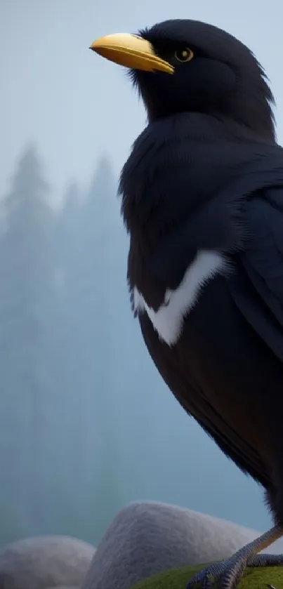 Black bird perched in a misty forest with a tranquil atmosphere.