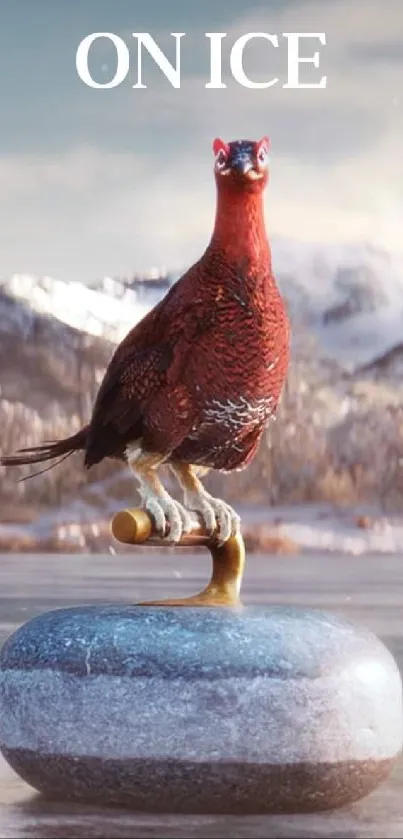 Bird on a curling stone with snowy mountains.