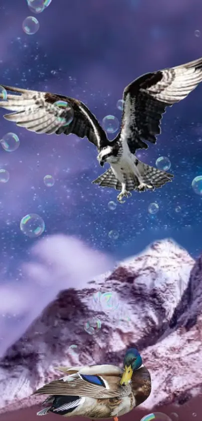 Birds soaring over snowy mountains with bubbles.