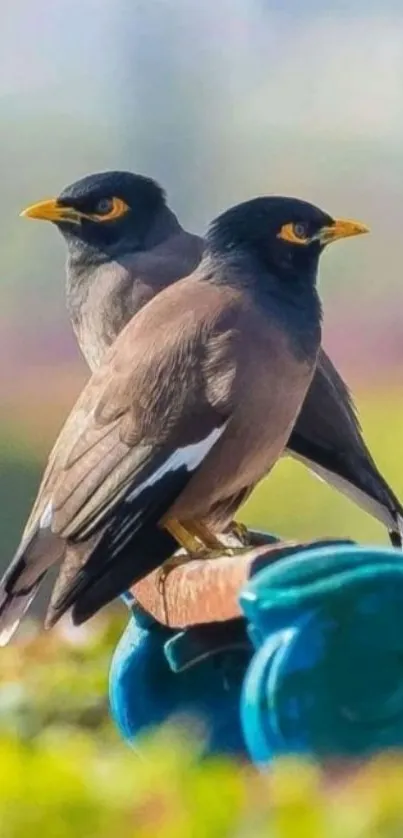 Two mynah birds perched on a branch with a scenic natural background.