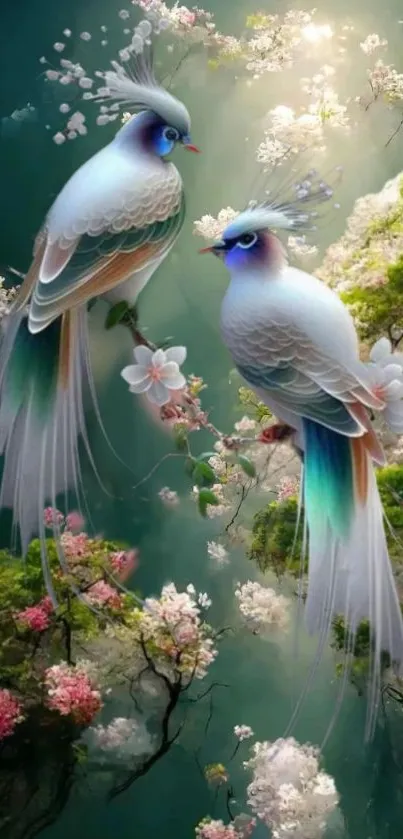 Two majestic birds on a floral branch with vibrant blossoms.