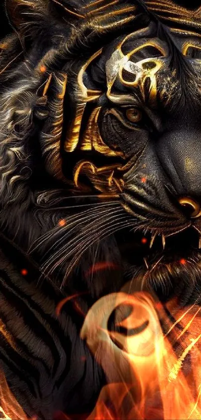 Black and gold tiger art wallpaper with intricate details.