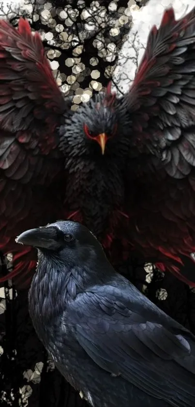 Majestic black and red ravens in a mystical forest scene wallpaper.