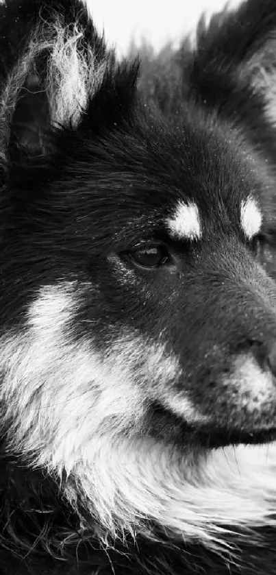 Black and white portrait of a majestic canine with detailed fur texture.