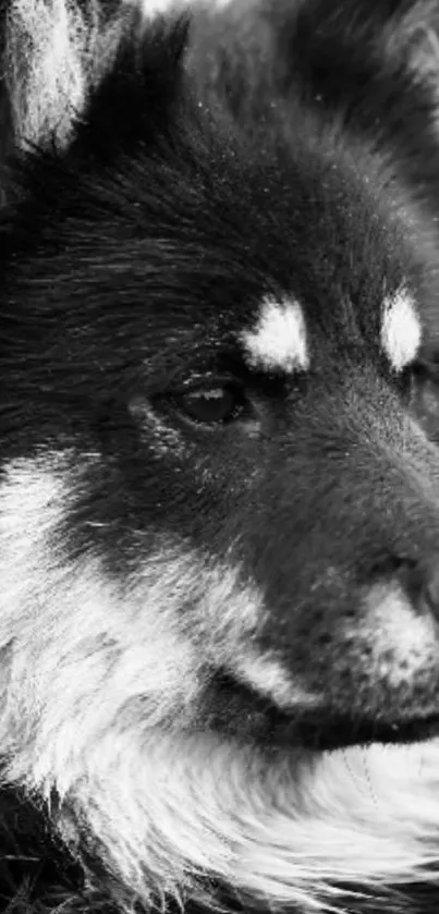 Close-up of a black and white fluffy dog with a serene expression.