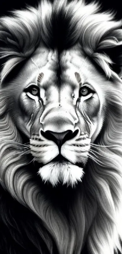 Majestic black and white illustration of a lion with detailed mane.