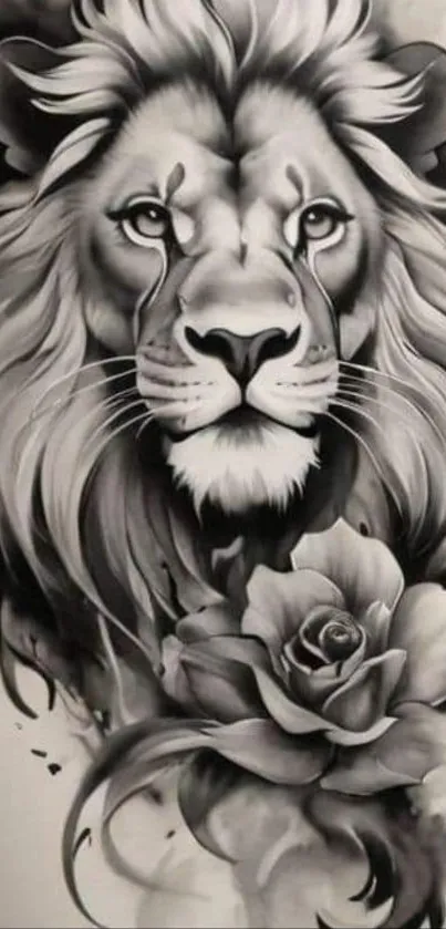 Black and white lion with a rose illustration.