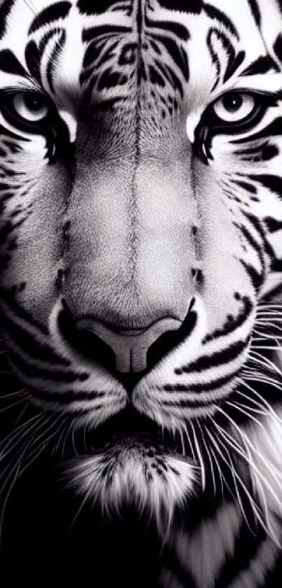Close-up of a striking black and white tiger face.