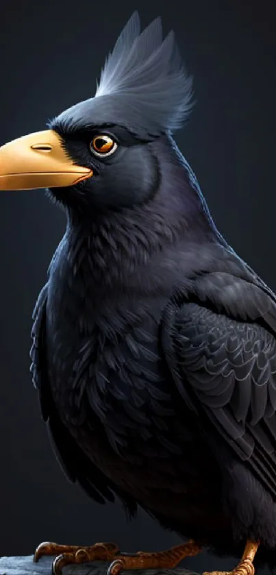 Majestic black bird with orange beak on a dark background.