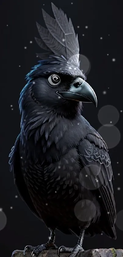 Majestic black bird on a stone perch, detailed feathers, dark background.