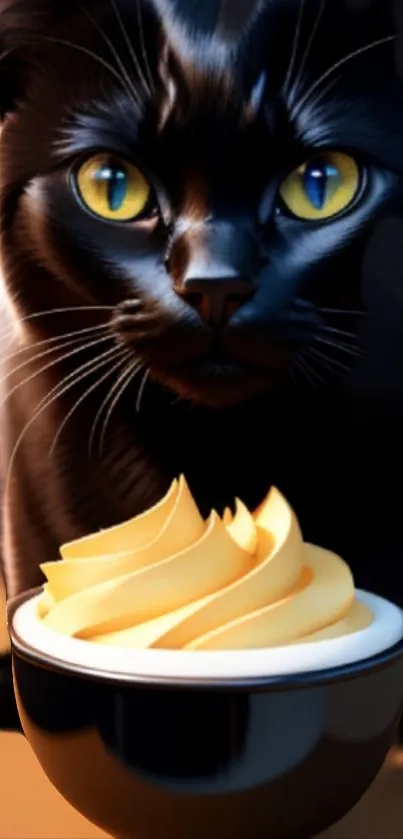 Black cat with yellow eyes next to a bowl of cream swirls on a wallpaper.