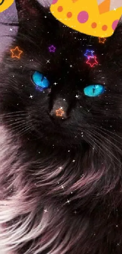 Black cat with blue eyes and a crown on a dreamy background wallpaper.