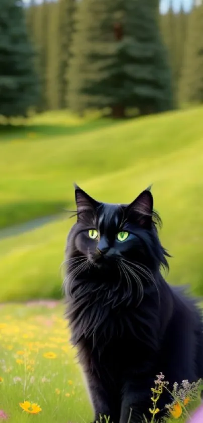 Majestic black cat sits in colorful meadow with green backdrop.