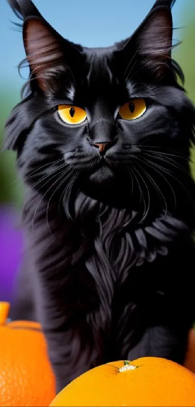 Black cat with yellow eyes on vibrant oranges.