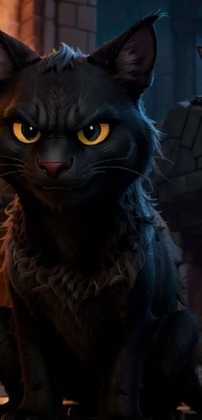 Black cat with yellow eyes in a castle setting wallpaper.