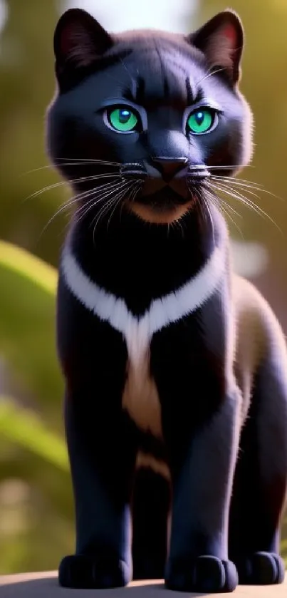 Majestic black cat with green eyes in a nature background wallpaper.