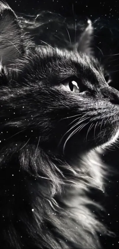 Majestic black cat portrait with starry background.