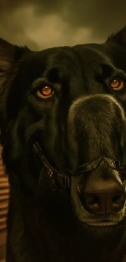 Majestic black dog portrait in dark tones, ideal for mobile wallpaper.