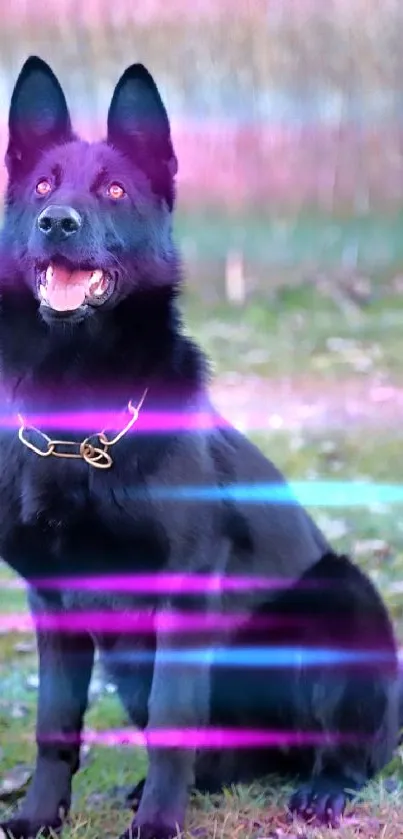 Black German Shepherd in a nature setting, sitting gracefully.