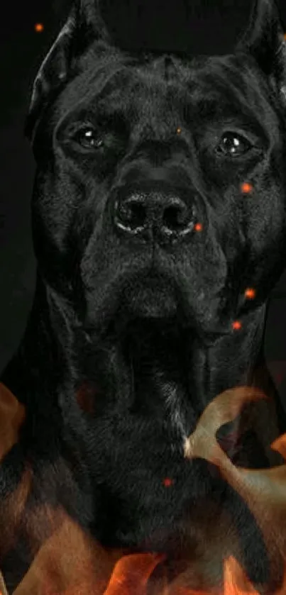 Majestic black dog with fiery background wallpaper.