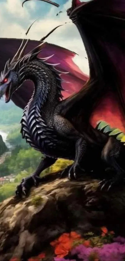 Majestic black dragon perched on a rocky cliff with vibrant wings.