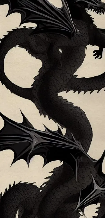 A majestic black dragon design on a cream background for mobile wallpaper.