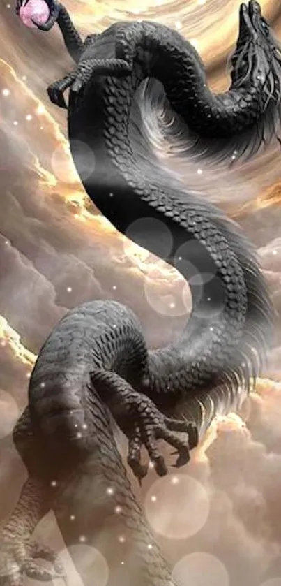 Black dragon soars in cloudy sky wallpaper.