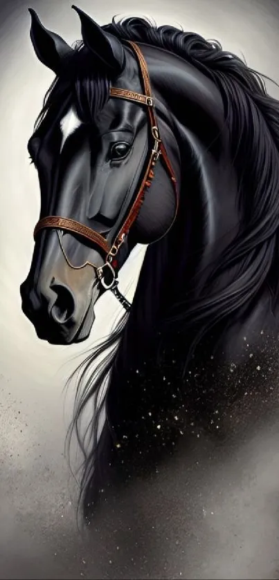 Majestic black horse with elegant mane on a dynamic artistic background.