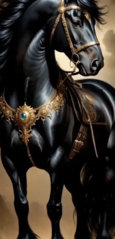 Majestic black horse with golden accessories art.