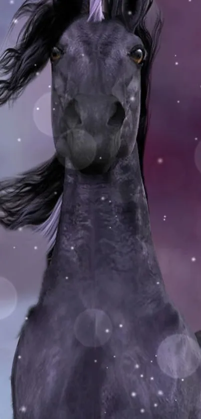 Majestic black horse in a dreamy purple background with magical elements.