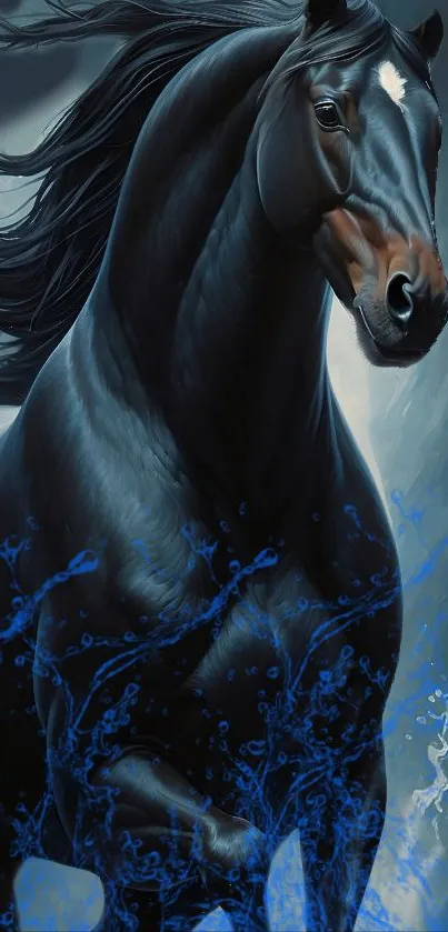 Majestic black horse running through water with an artistic flair.