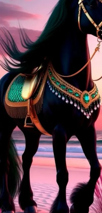 Majestic black horse on a beach at sunset.