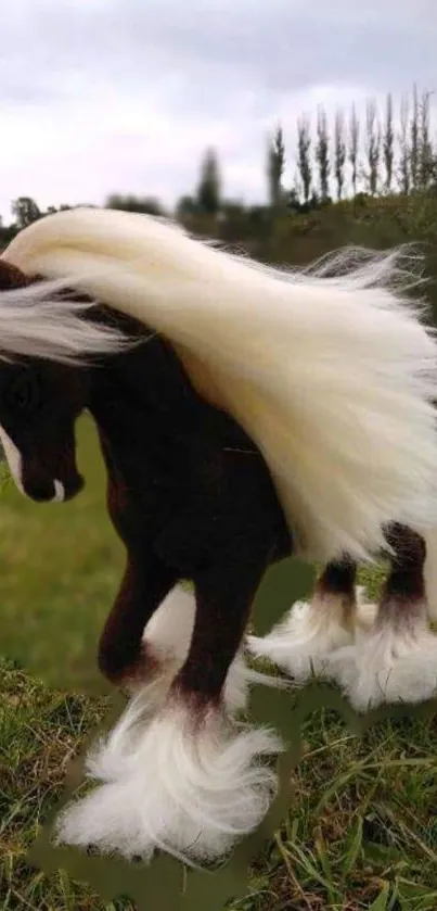 Majestic black horse with a flowing white mane in nature.