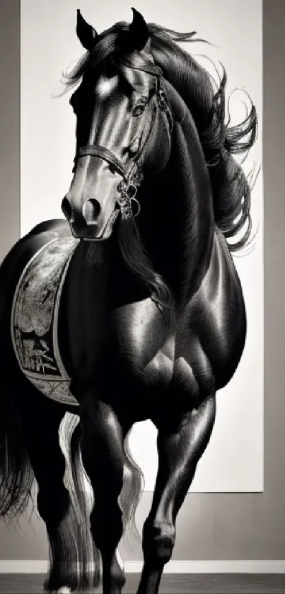 Majestic black horse against a monochrome backdrop.