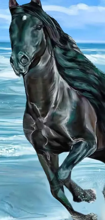 Majestic black horse running by the ocean shore.