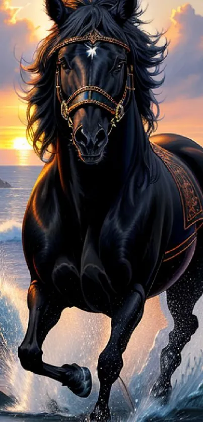 Majestic black horse galloping through ocean waves at sunset.