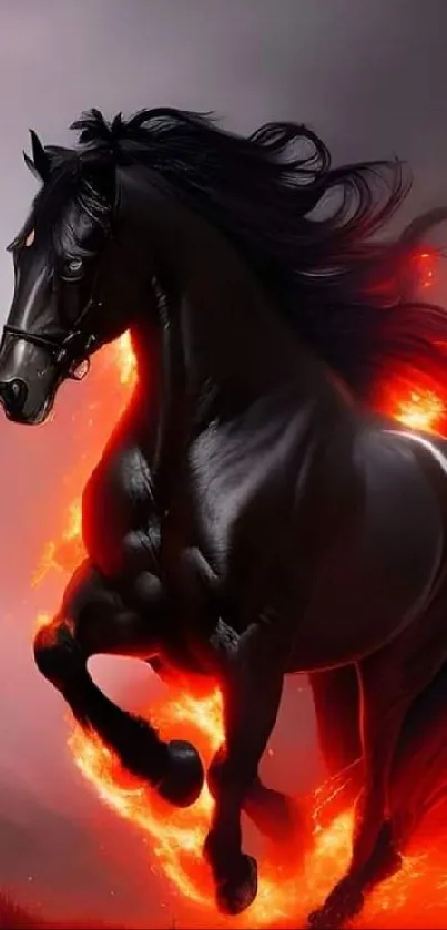 Majestic black horse with fiery red mane in a dramatic fantasy setting.