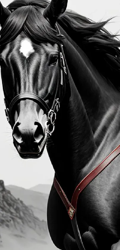 Majestic black horse in motion with detailed bridle and dynamic mane.