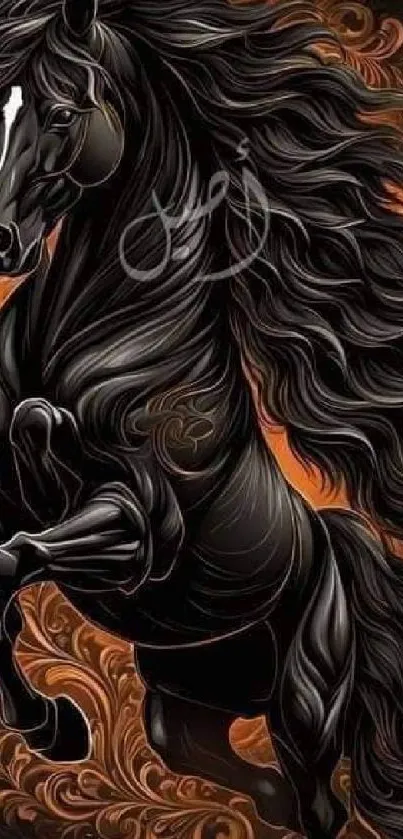 Majestic black horse with flowing mane on a decorative brown background.