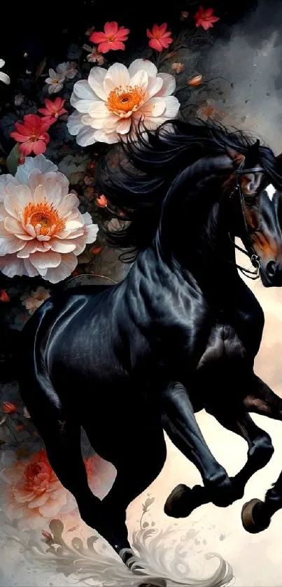 Majestic black horse in dynamic pose with beautiful floral backdrop.