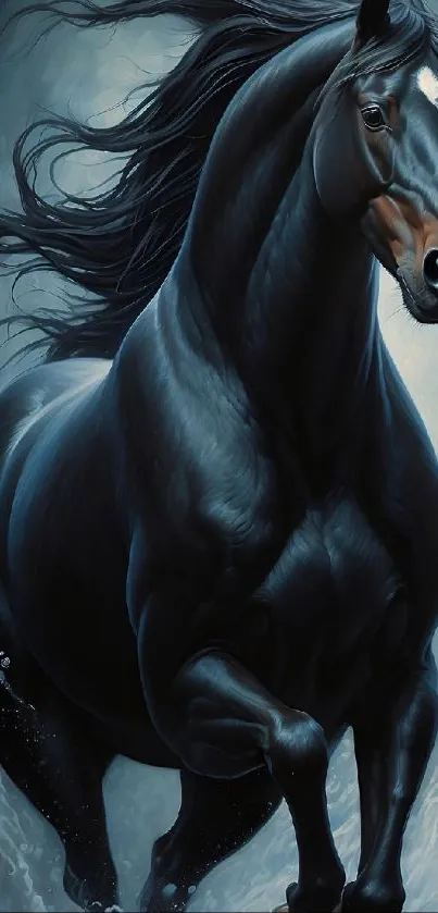 Majestic black horse in dynamic motion.