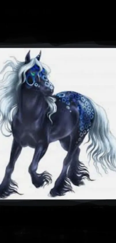 Mystical black horse with blue spots design.