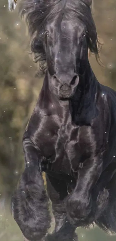 Majestic black horse running gracefully in nature, captured beautifully.