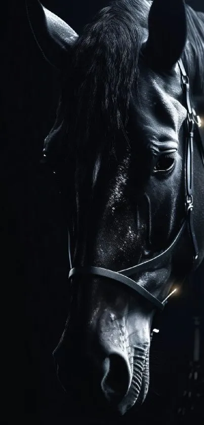 Majestic black horse depicted in elegant dark mobile wallpaper.