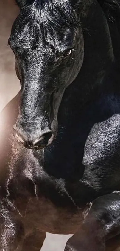 A majestic black horse in motion with sunlight highlighting its features.